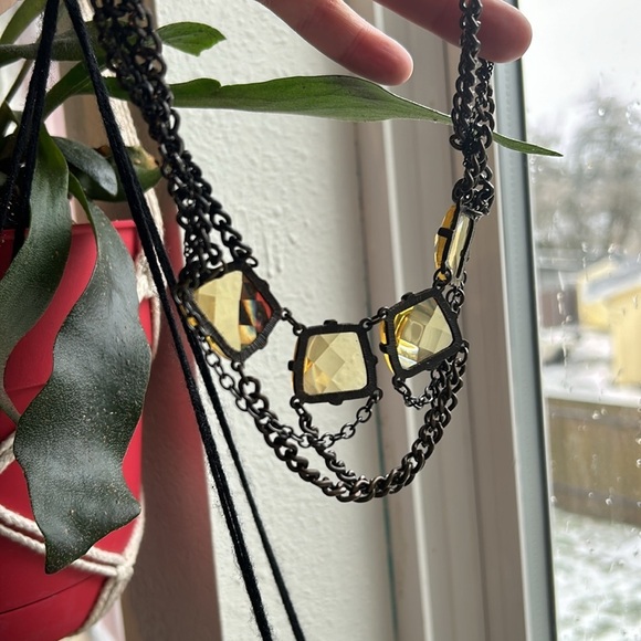 Goth Necklace Yellow Moody Glass and Dark Metal Three Tier Adjustable Stained - Picture 4 of 5
